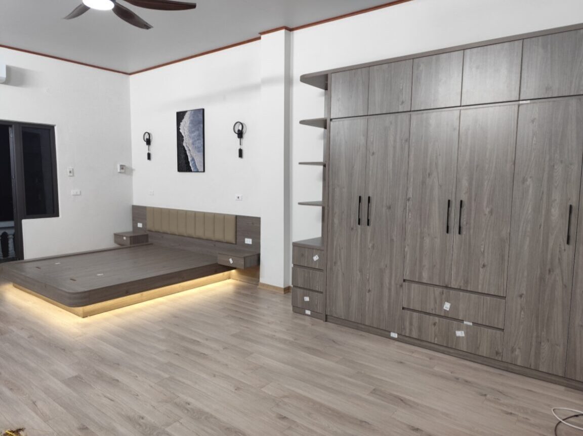 Bộ giường tủ gỗ MDF sang trọng giường bay hắt đèn hiện đại